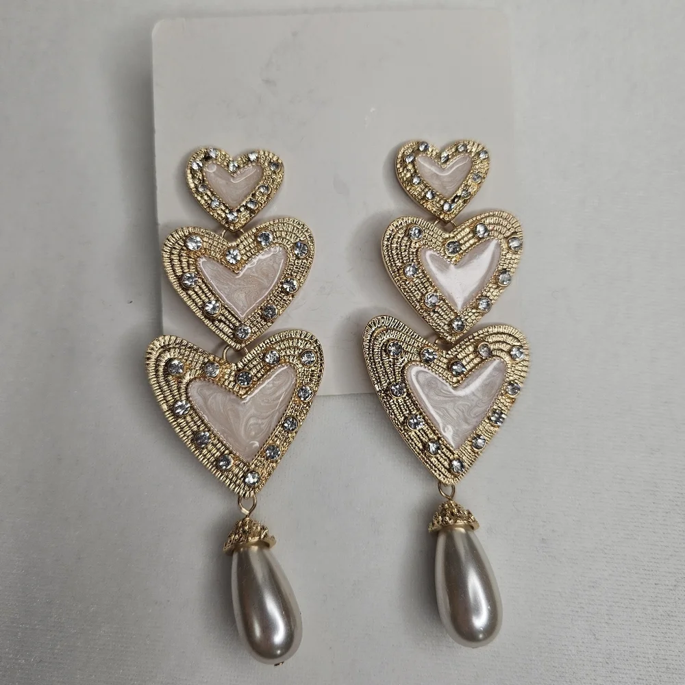 Light Pink Triple Hearts Pearl Rhinestone Statement Earrings Prom Jewelry